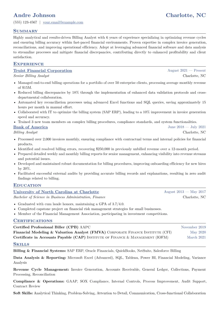 Billing Analyst Resume Example CV template preview