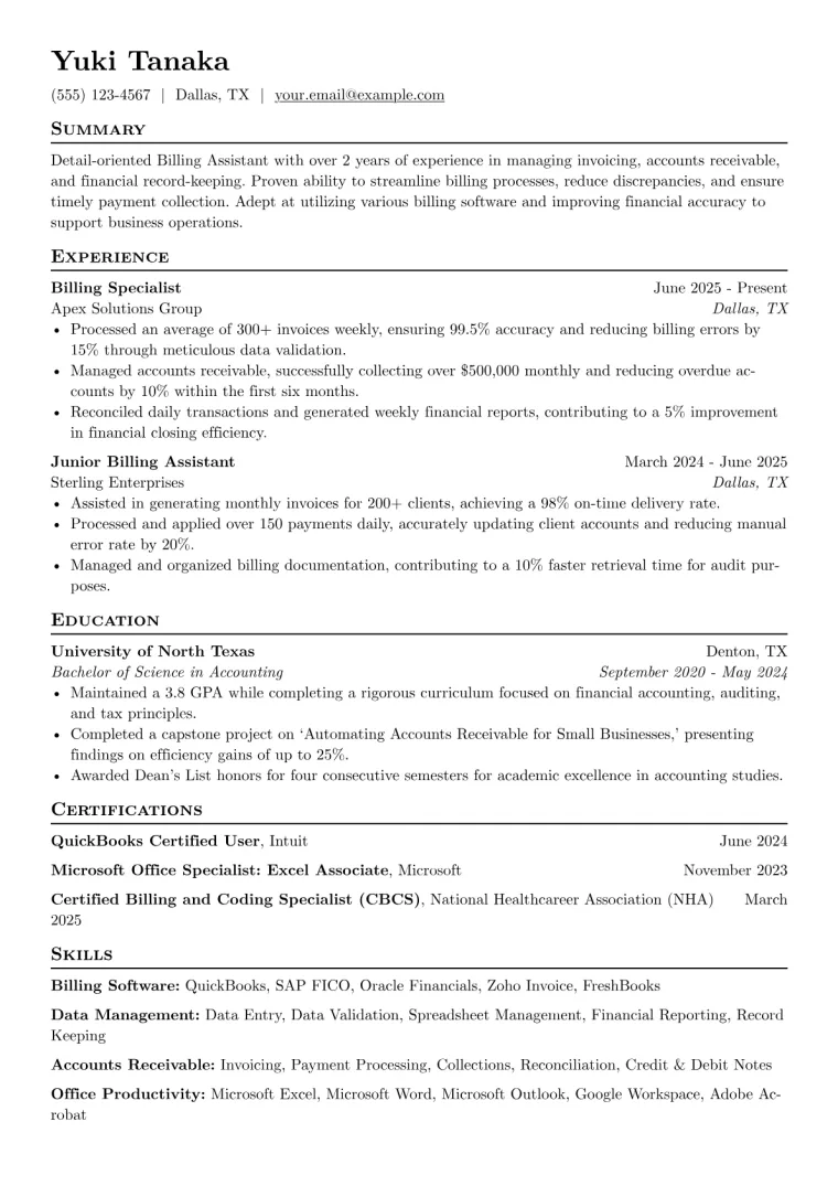 Billing Assistant Resume Example preview