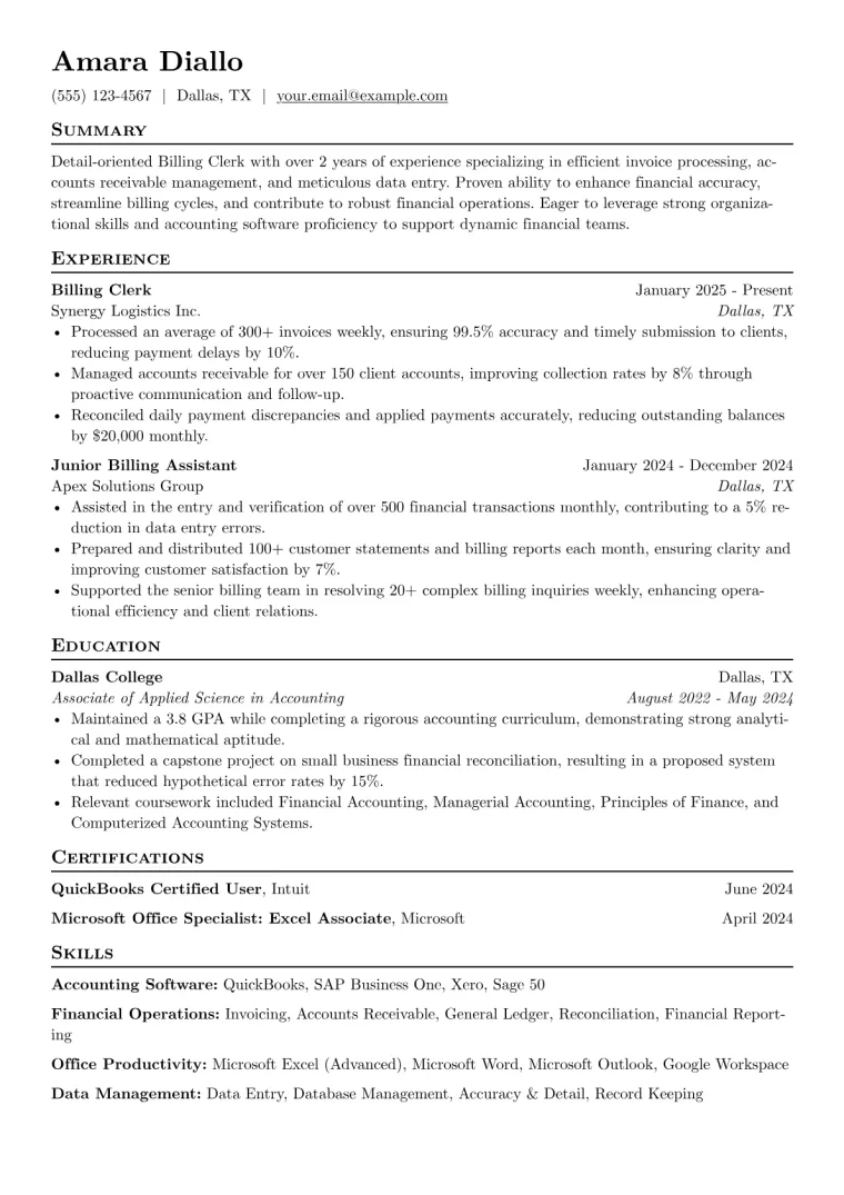 Billing Clerk Resume Example CV template preview