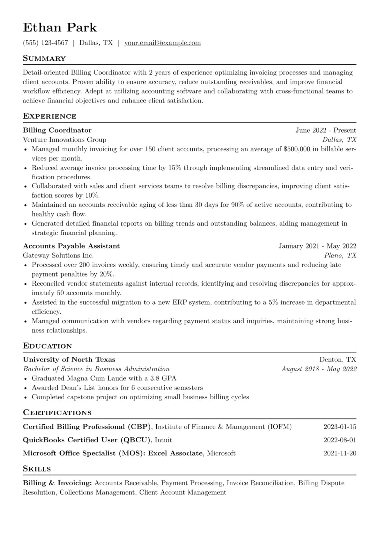 Billing Coordinator Resume Example CV template preview