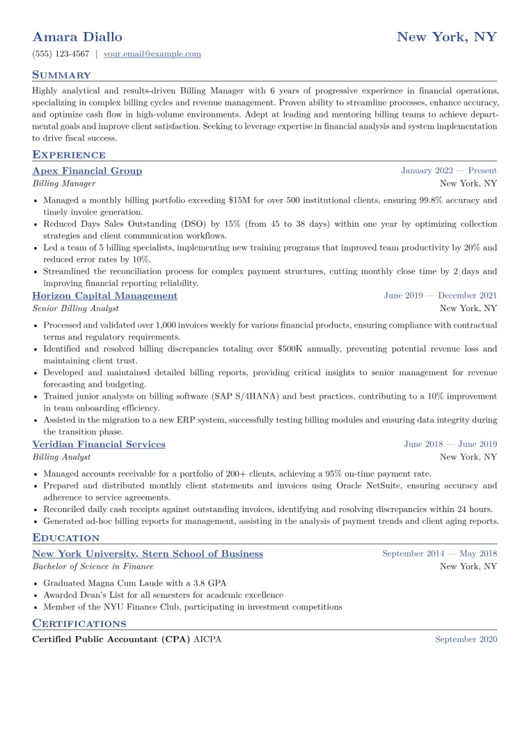 Billing Manager Resume Example CV template preview