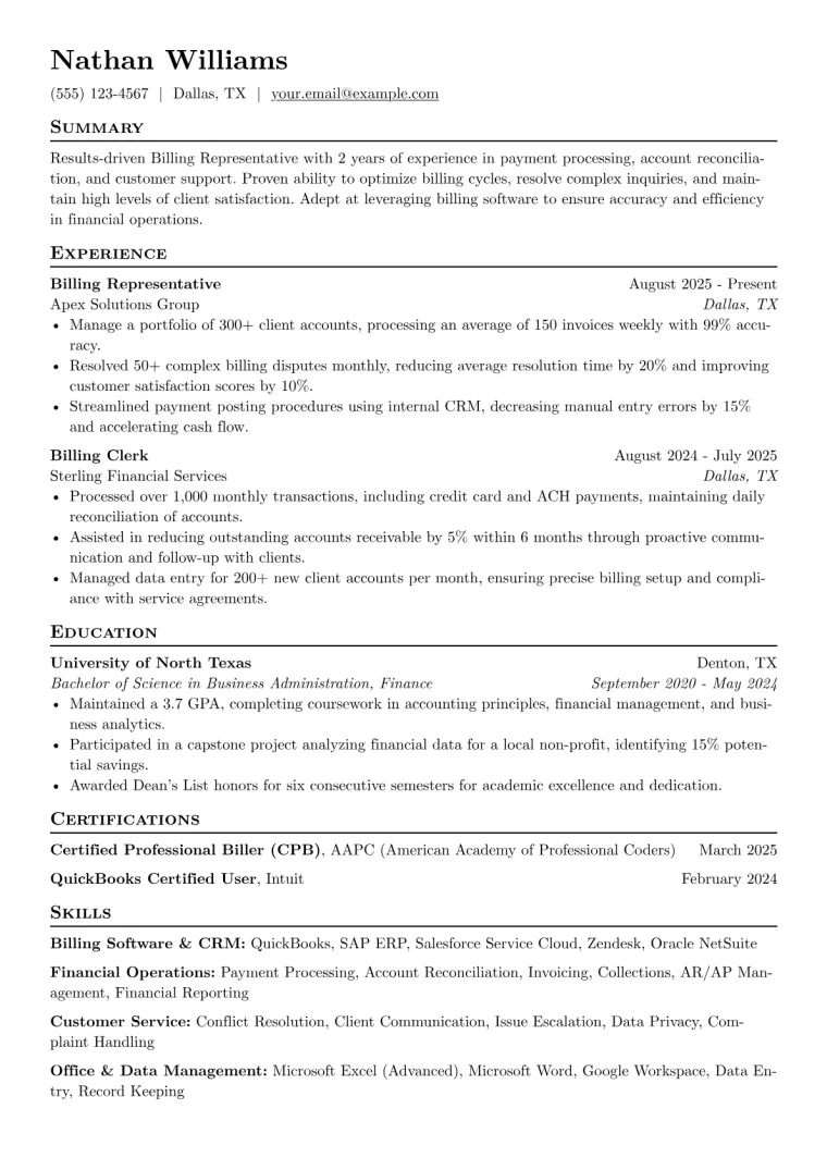 Billing Representative Resume Example preview