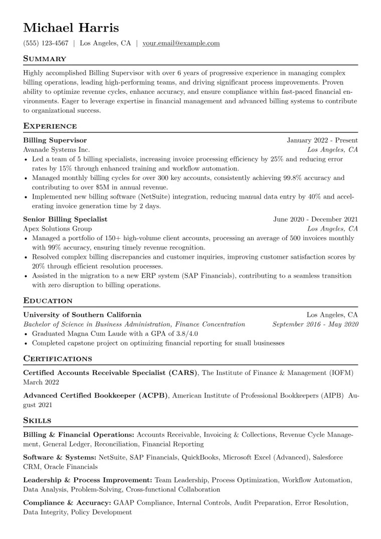 Billing Supervisor Resume Example preview