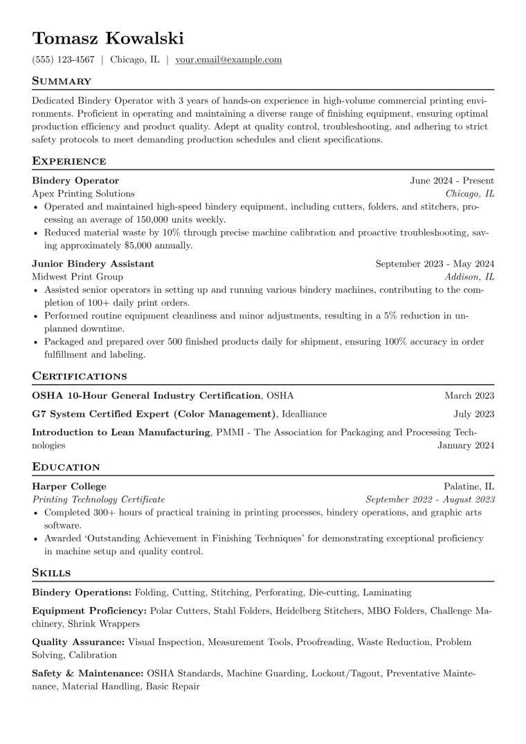 Bindery Operator Resume Example preview