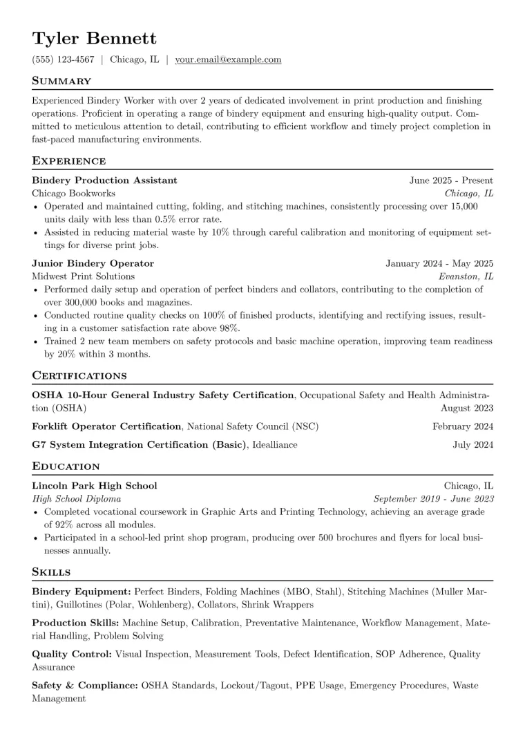 Bindery Worker Resume Example preview