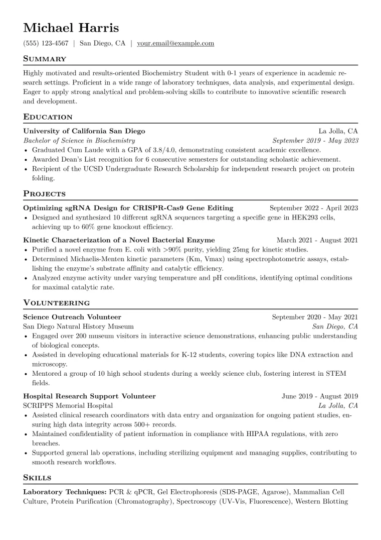 Biochemistry Student Resume Example CV template preview
