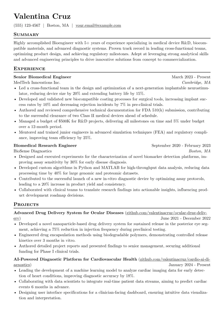 Bioengineer Resume Example CV template preview