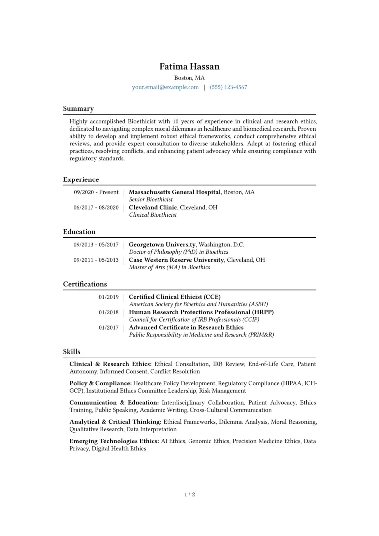 Bioethicist Resume Example CV template preview