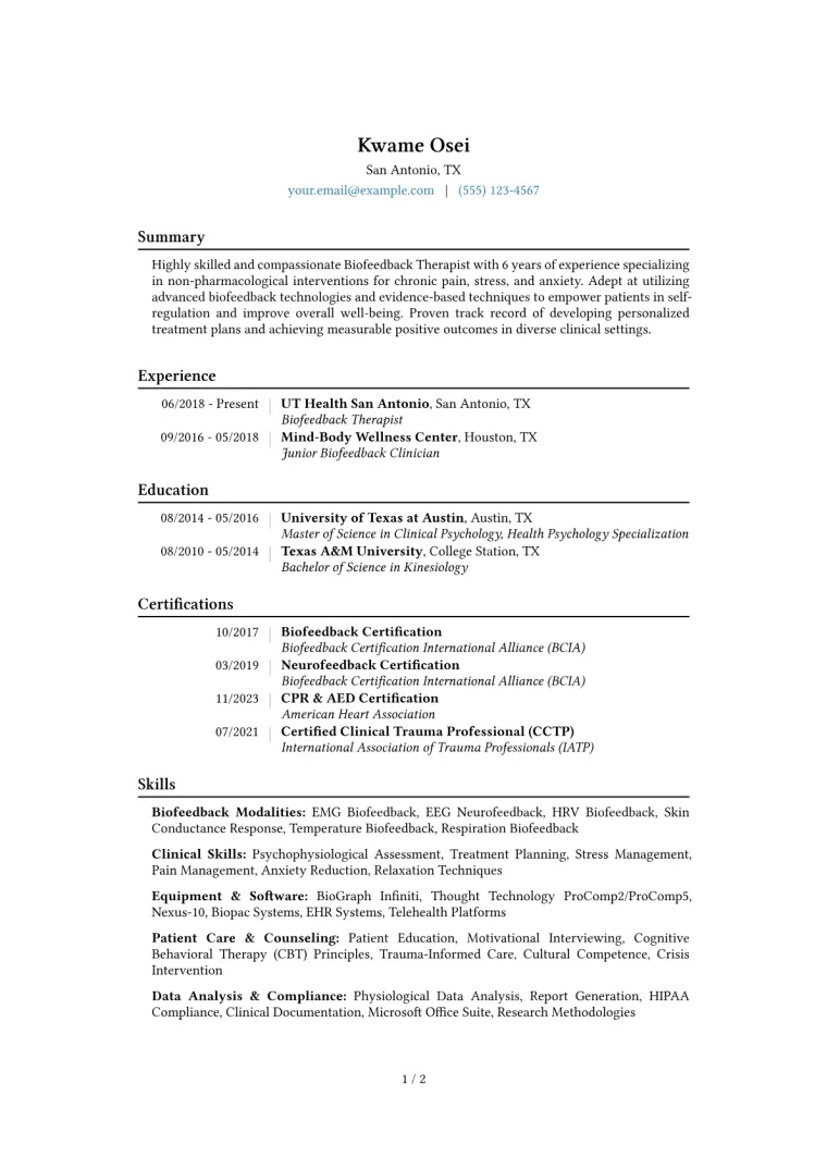 Biofeedback Therapist Resume Example CV template preview