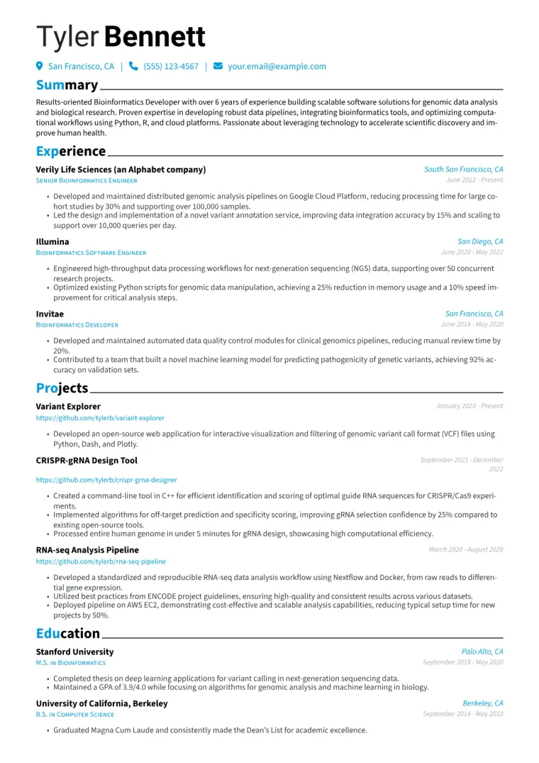 Bioinformatics Developer Resume Example CV template preview