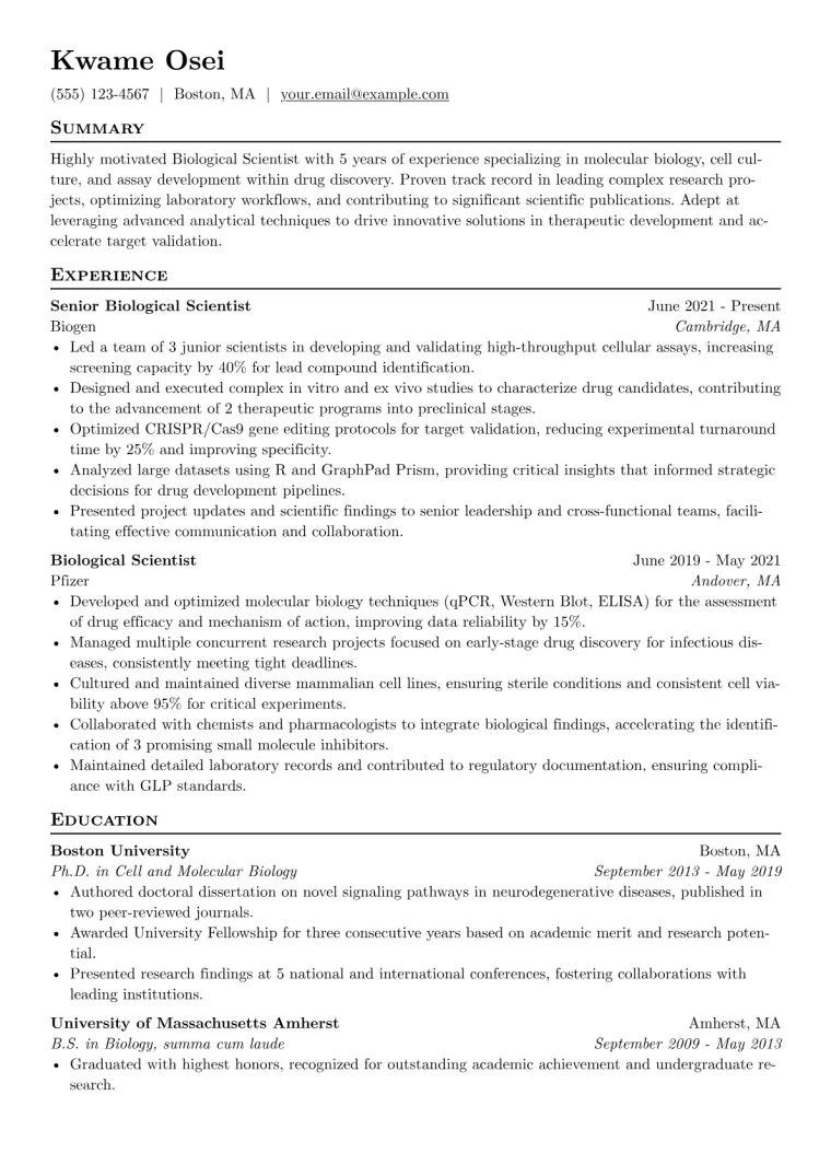 Biological Scientist Resume Example CV template preview