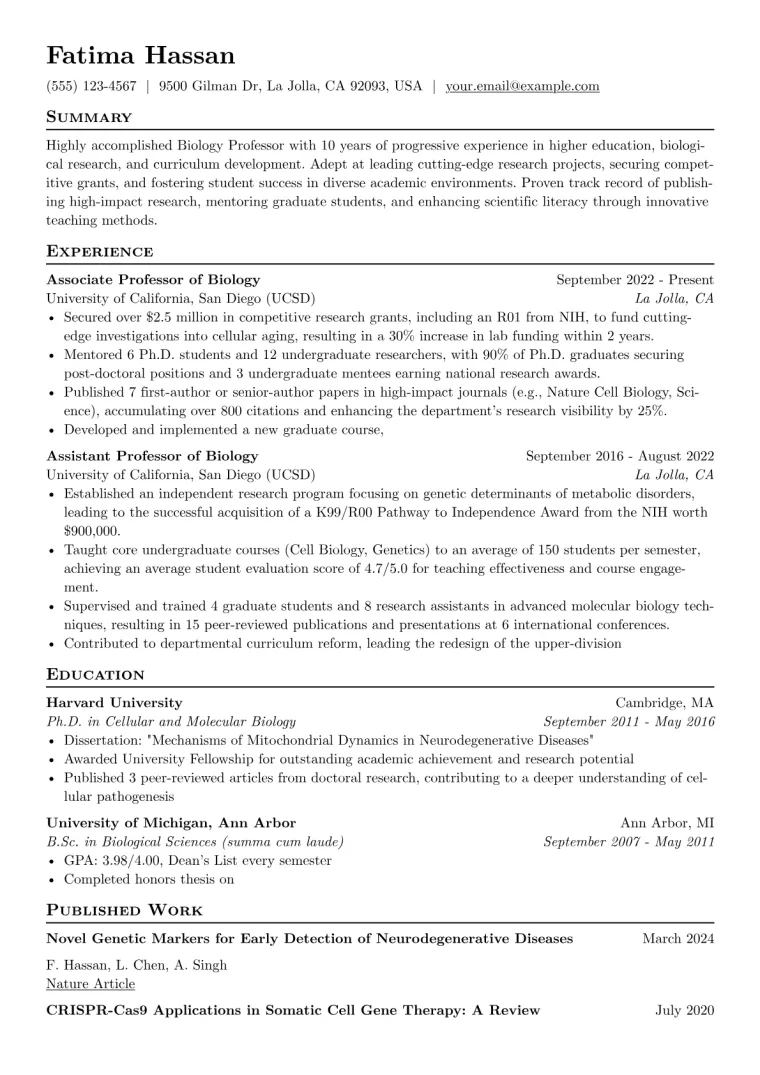 Biology Professor Resume Example preview