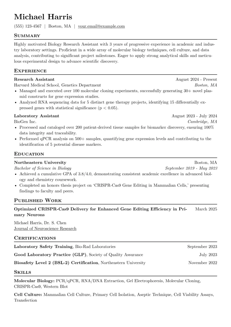 Biology Research Assistant Resume Example preview