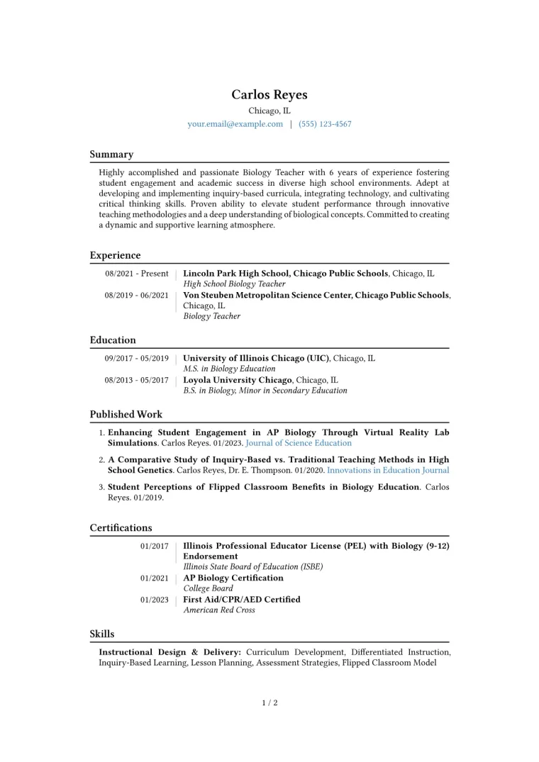 Biology Teacher Resume Example