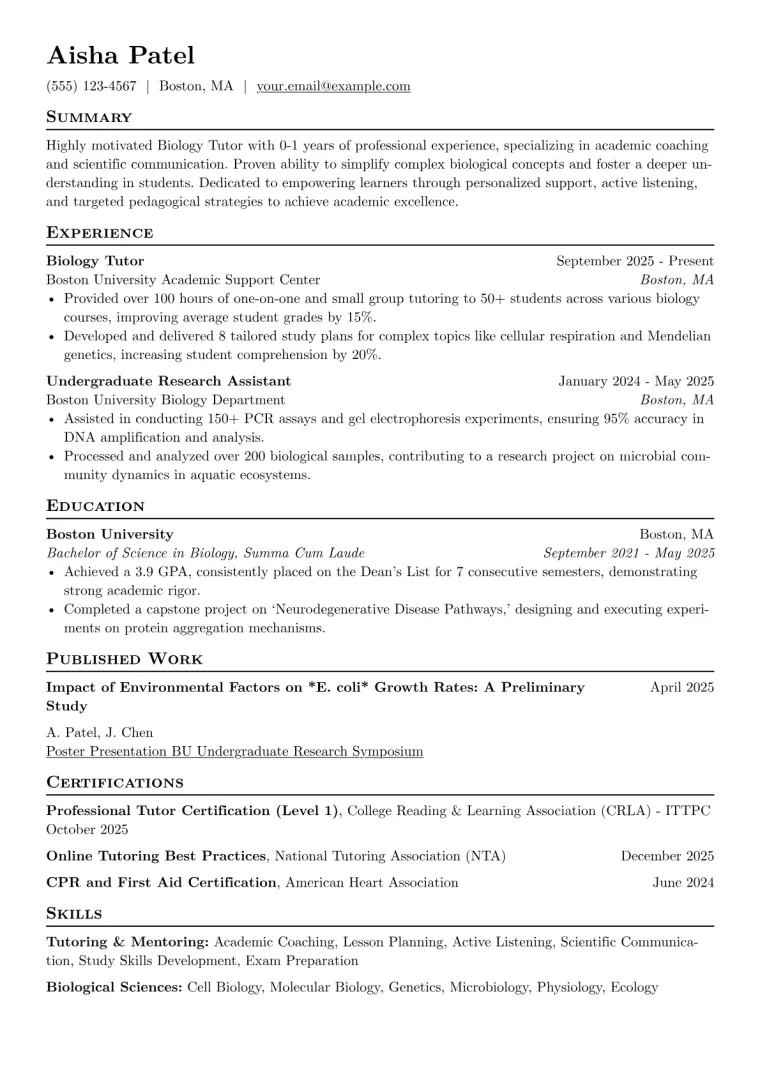 Biology Tutor Resume Example preview
