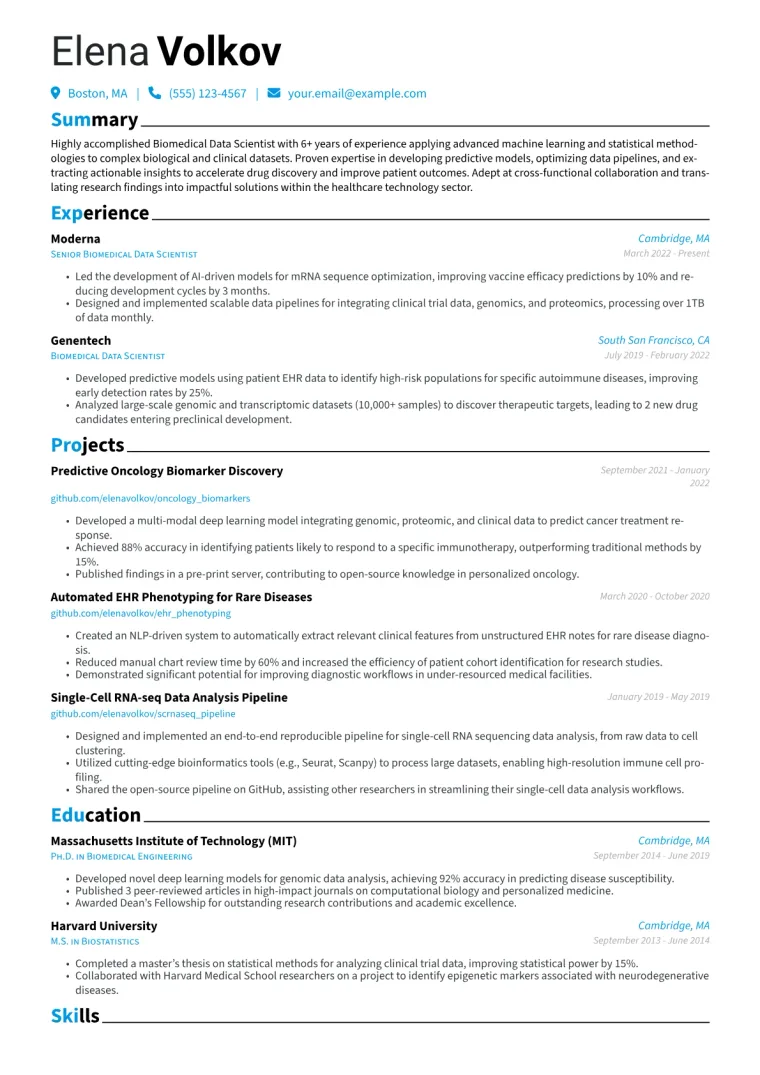 Biomedical Data Scientist Resume Example CV template preview