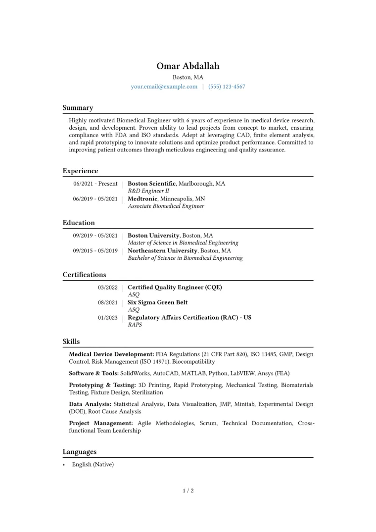 Biomedical Engineer Resume Example preview