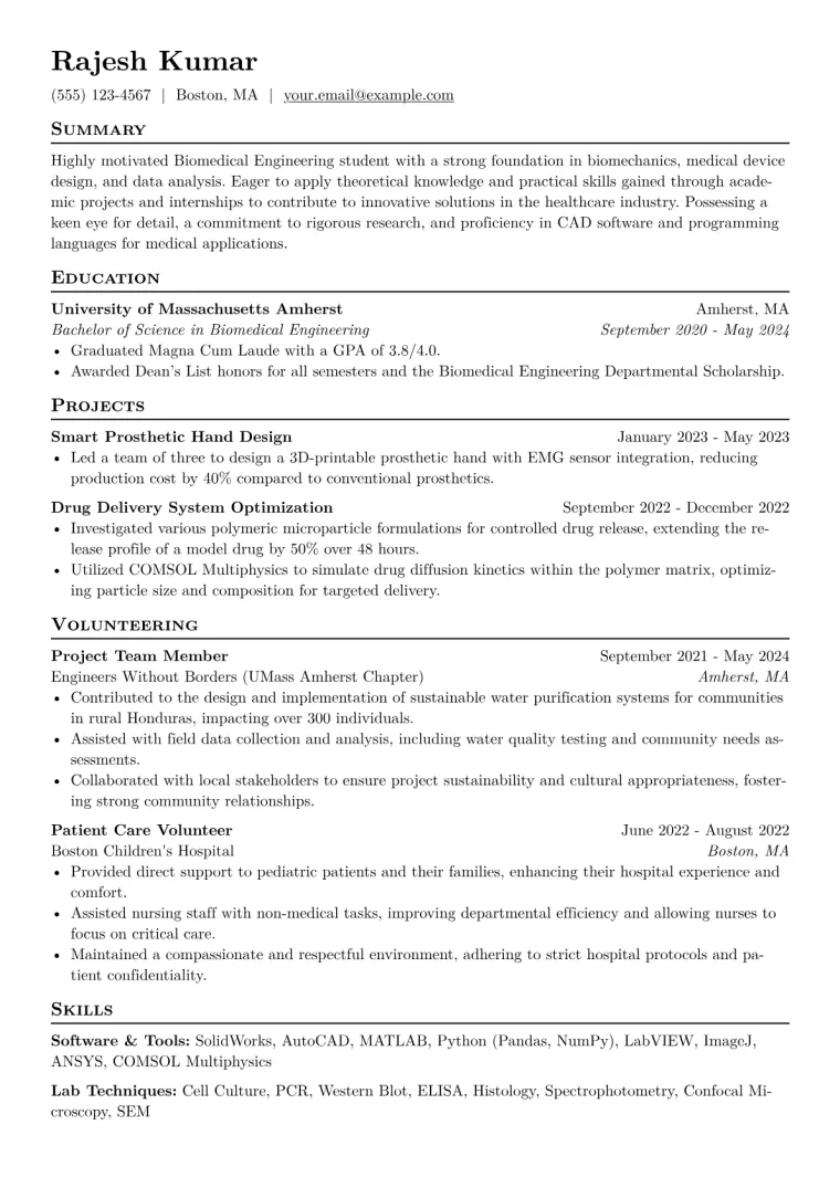 Biomedical Engineering Intern Resume Example CV template preview