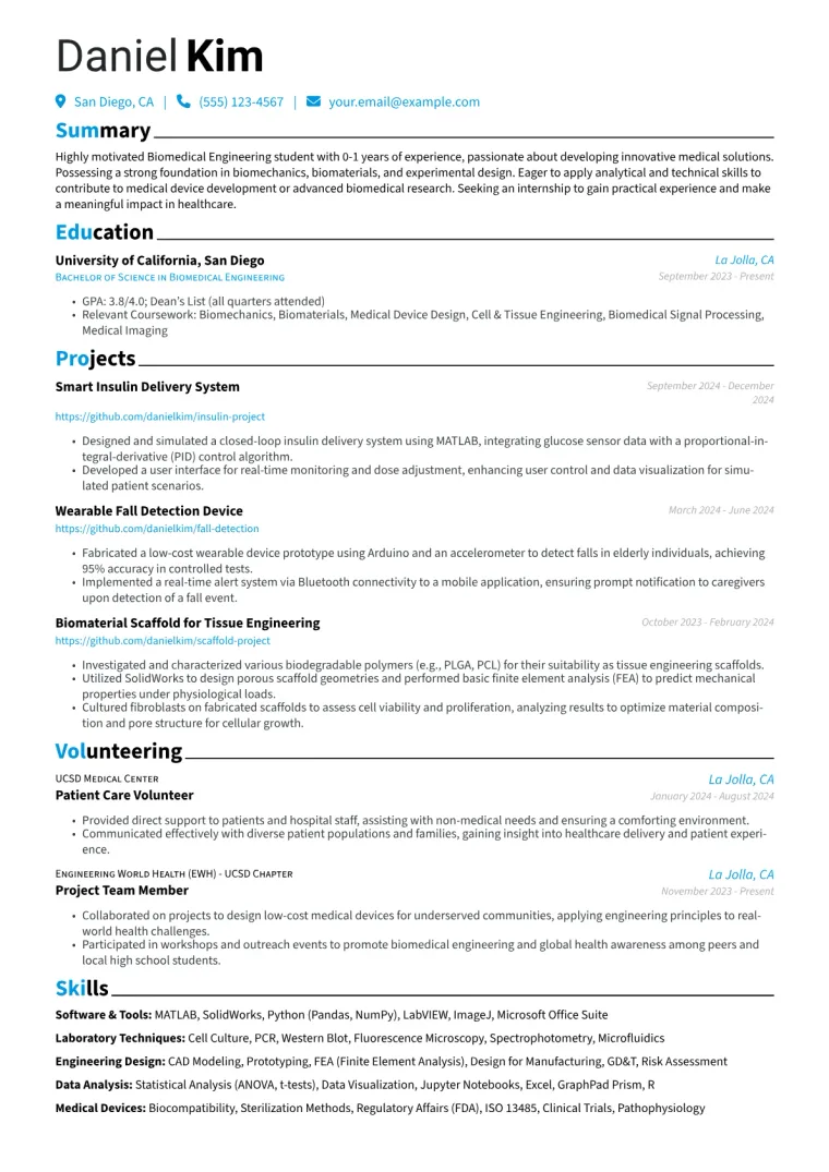 Biomedical Engineering Student Resume Example preview