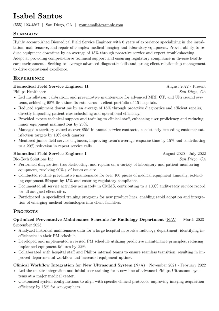 Biomedical Field Service Engineer Resume Example CV template preview