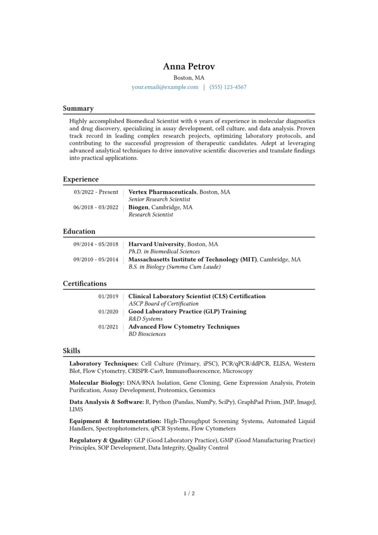 Biomedical Scientist Resume Example CV template preview