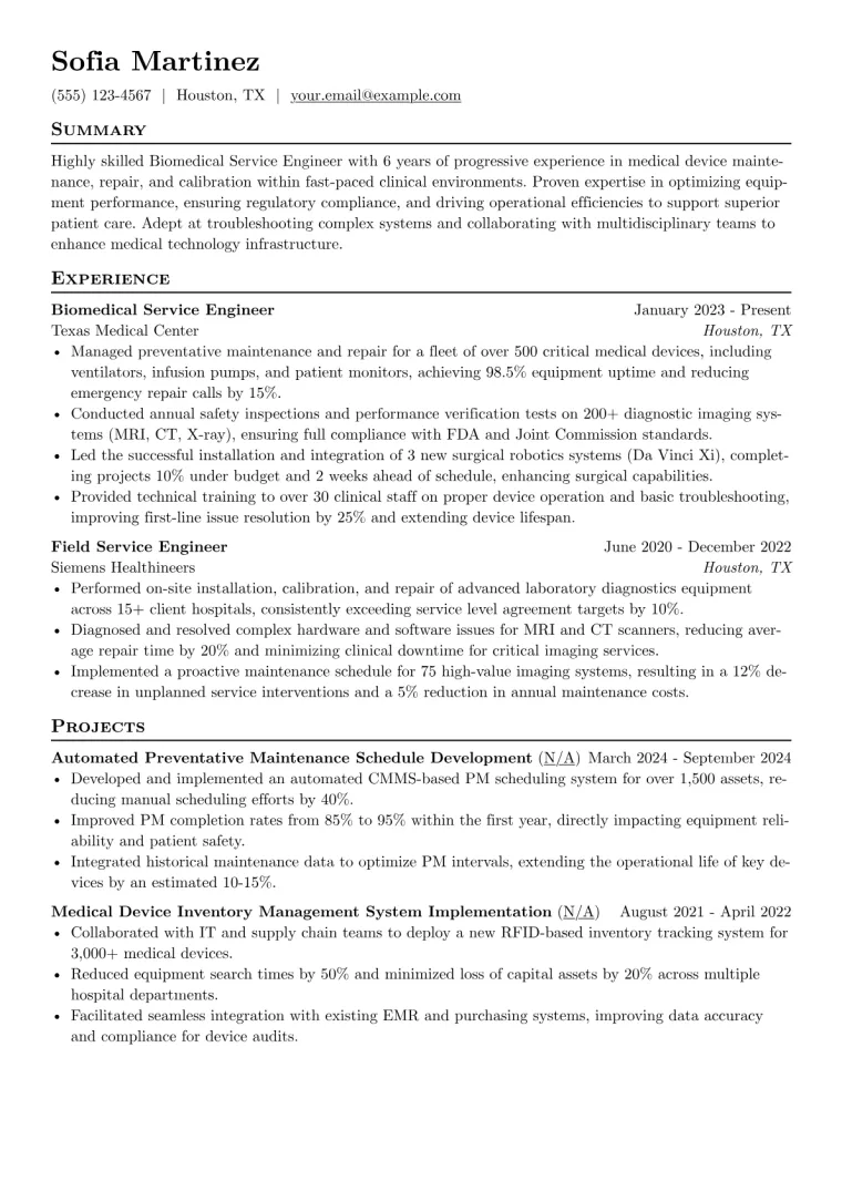 Biomedical Service Engineer Resume Example CV template preview
