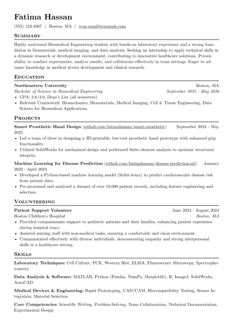 Biomedical Student Resume Example CV template preview