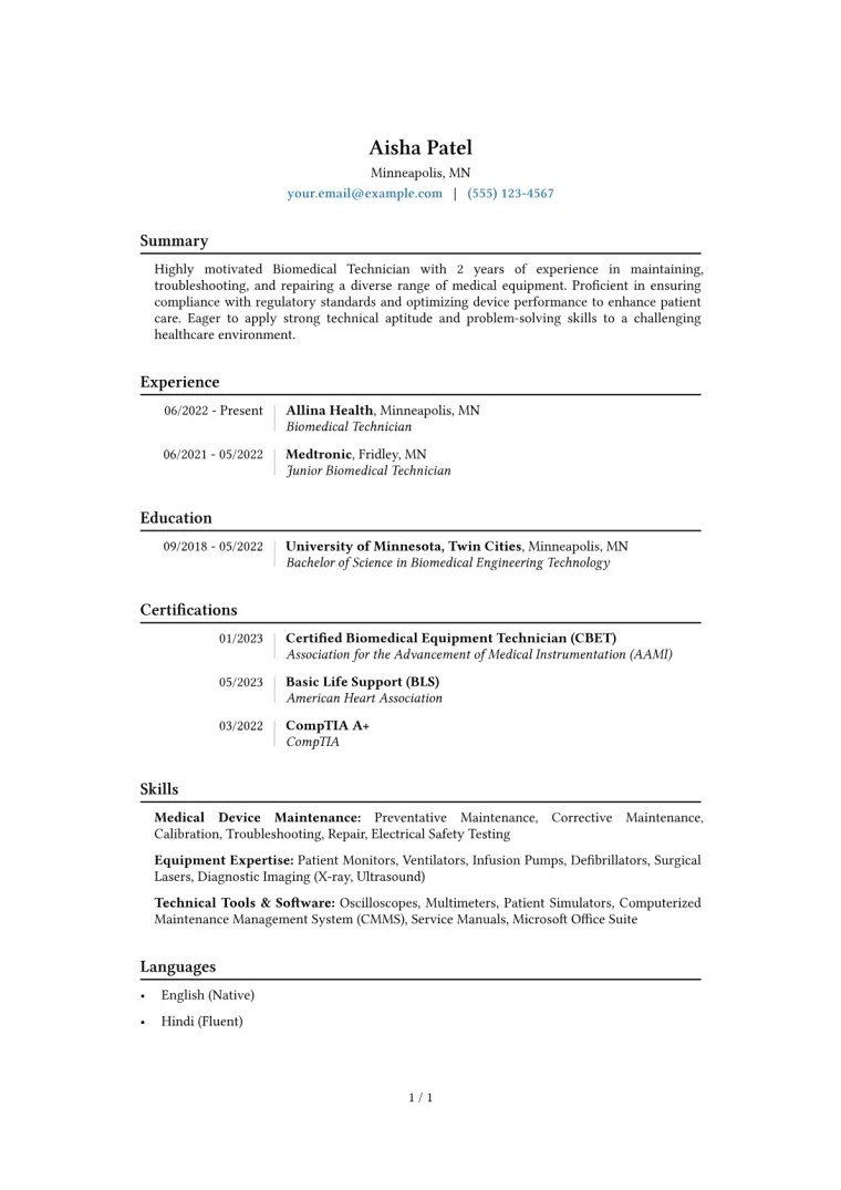 Biomedical Technician Resume Example CV template preview