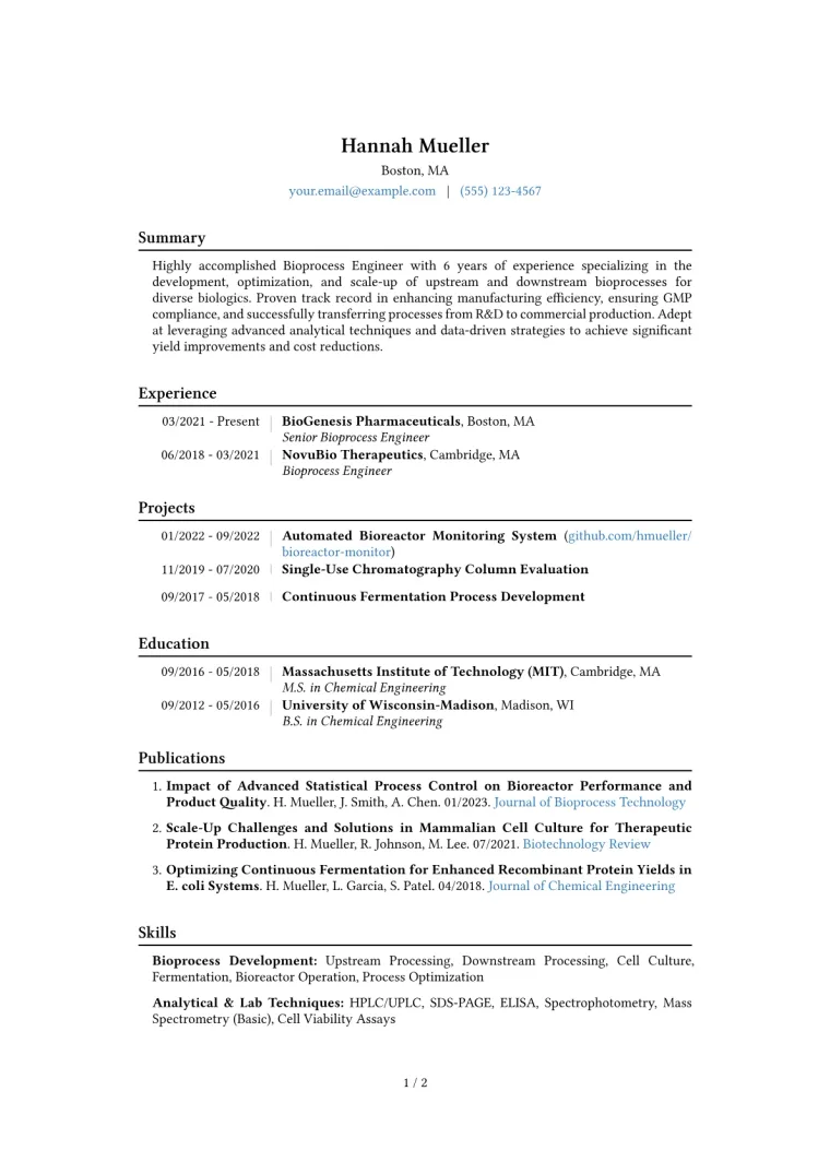 Bioprocess Engineer Resume Example CV template preview