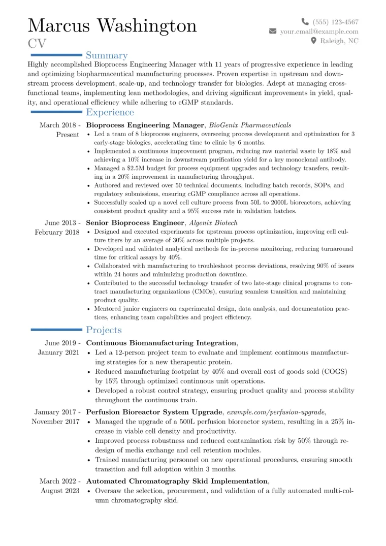 Bioprocess Engineering Manager Resume Example CV template preview