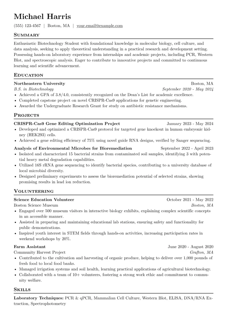 Biotechnology Student Resume Example CV template preview