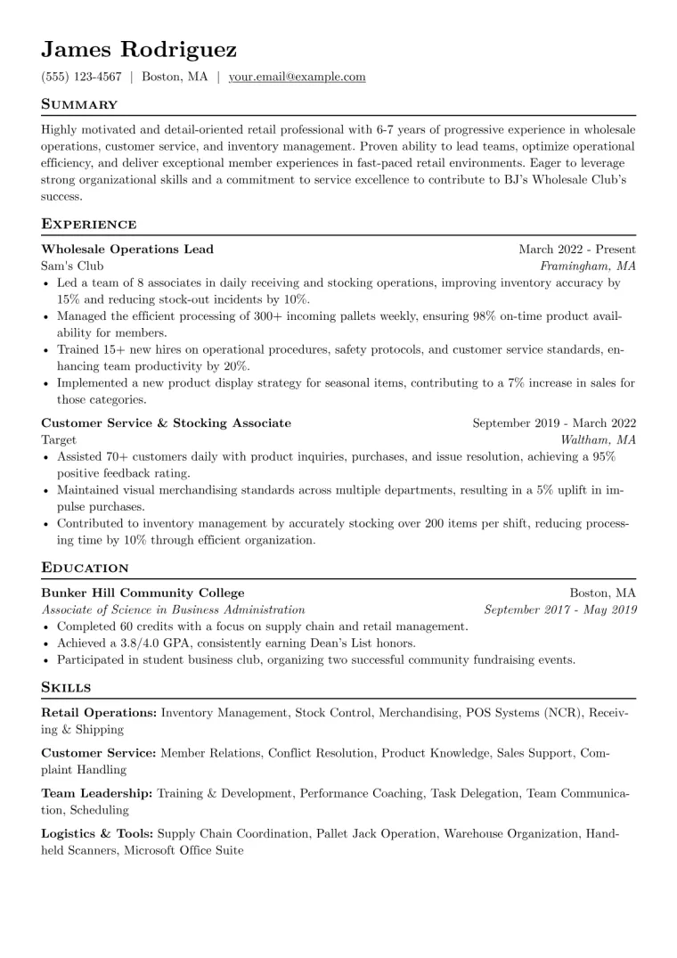 BJ's Wholesale Club Resume Example CV template preview