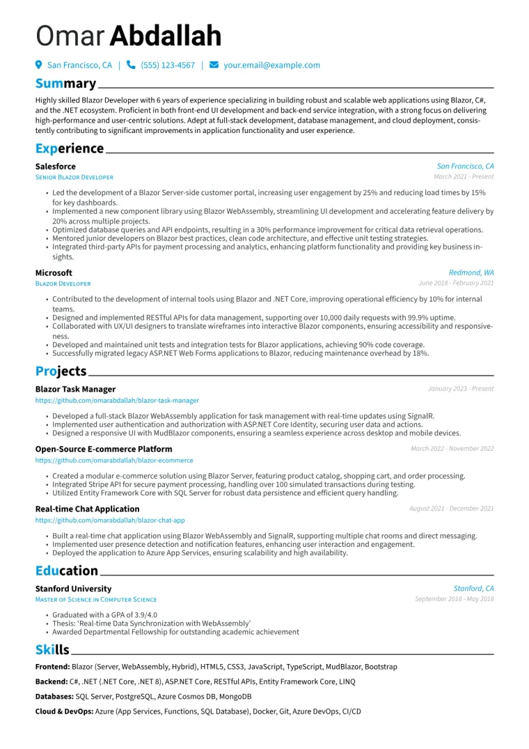 Blazor Developer Resume Example CV template preview