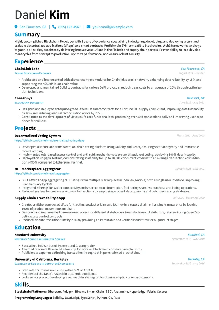 Blockchain Developer Resume Example
