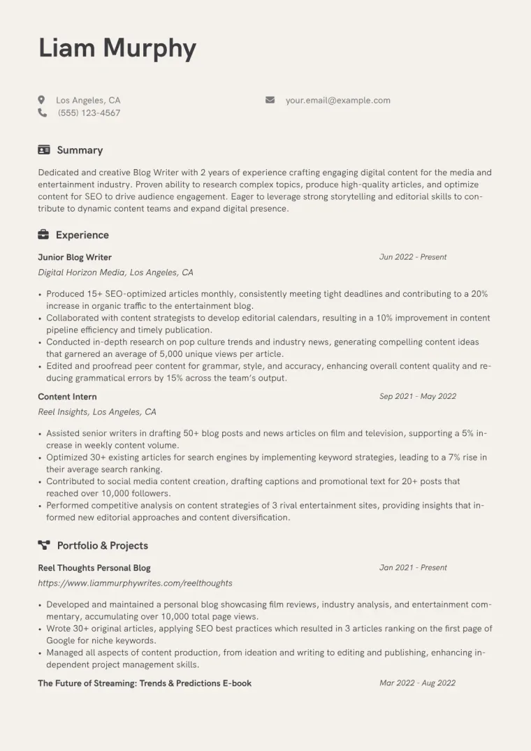 Blog Writer Resume Example CV template preview