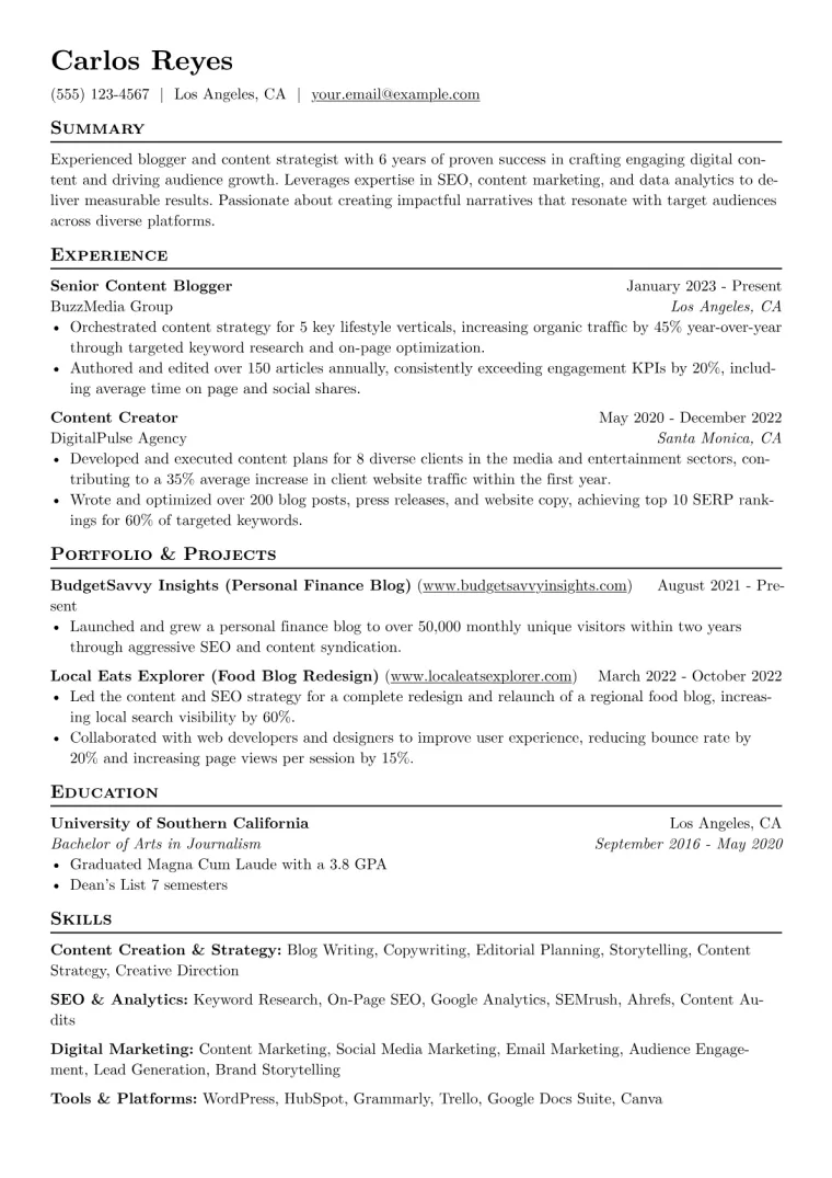 Blogger Resume Example CV template preview