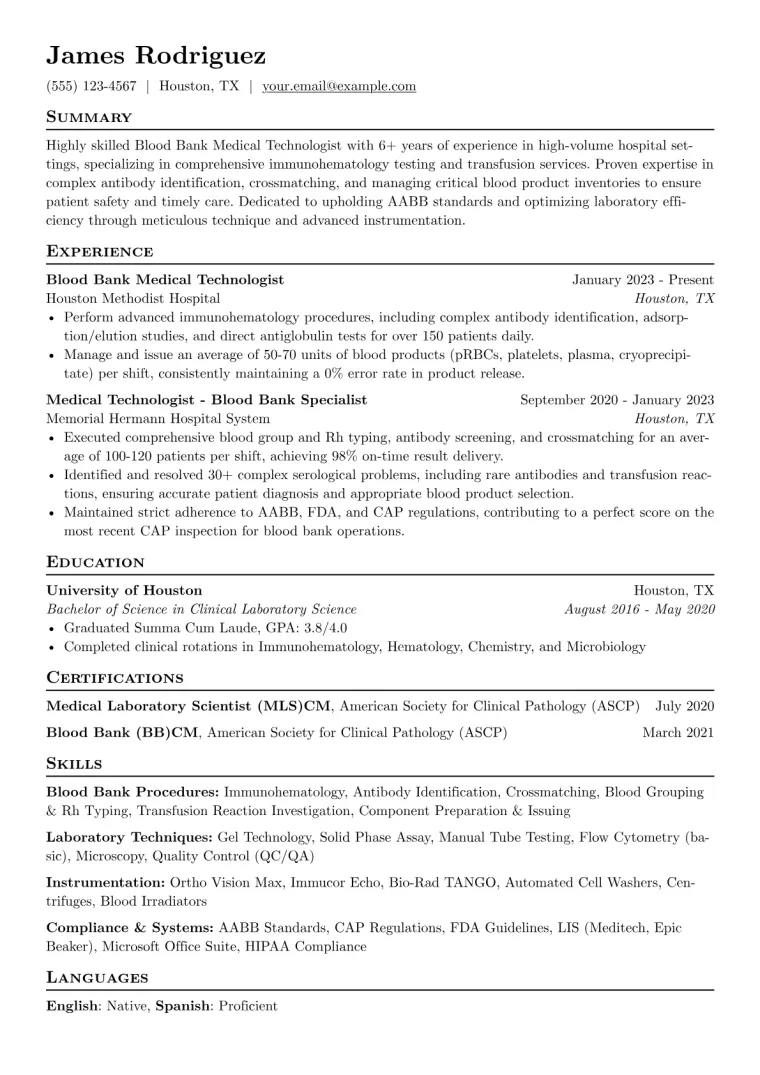 Blood Bank Medical Technologist Resume Example CV template preview