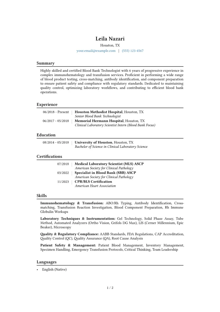 Blood Bank Technologist Resume Example CV template preview