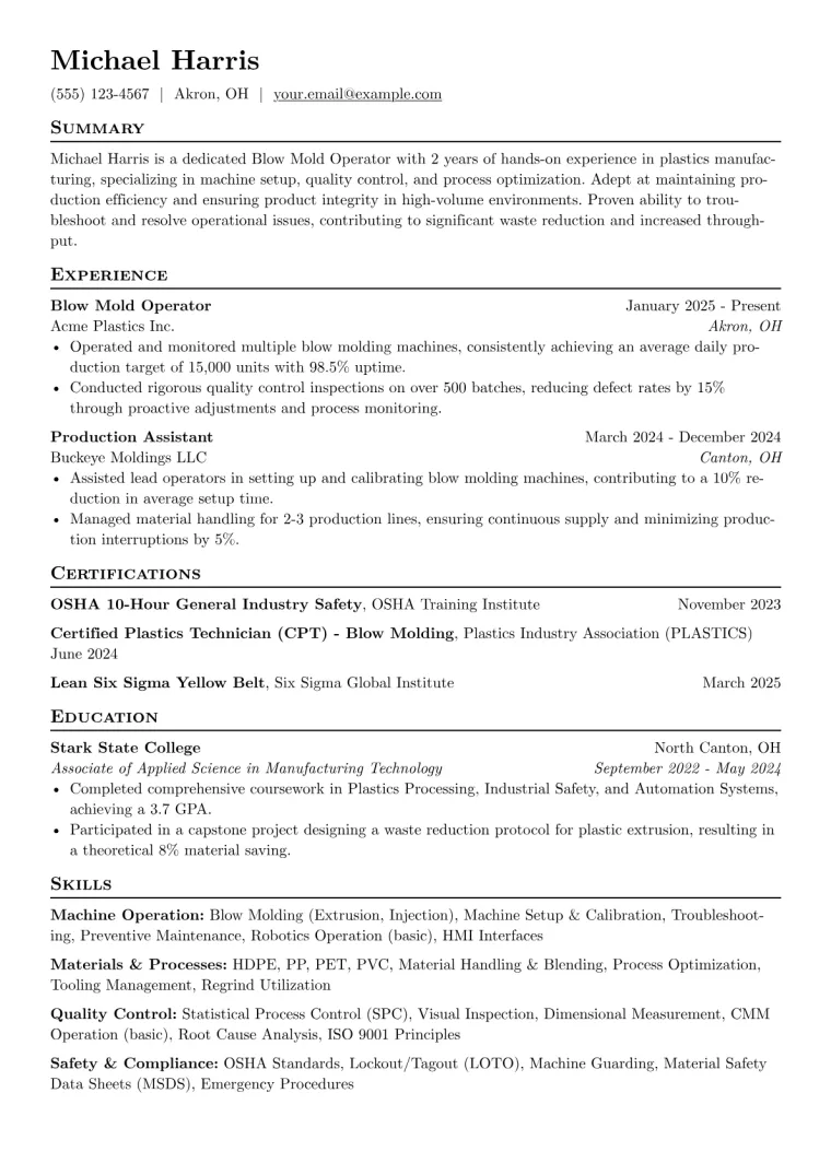 Blow Mold Operator Resume Example preview