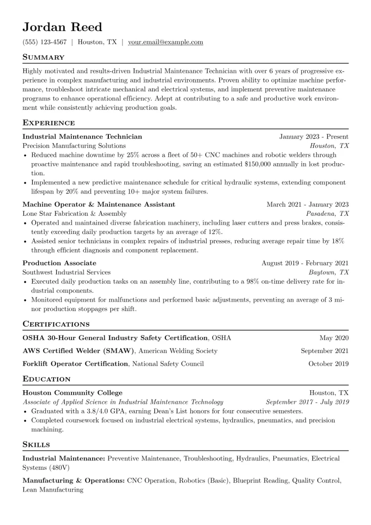 Blue Collar Resume Example CV template preview