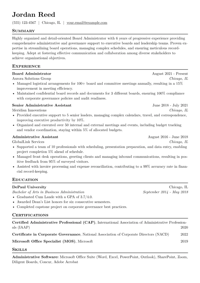 Board Administrator Resume Example CV template preview