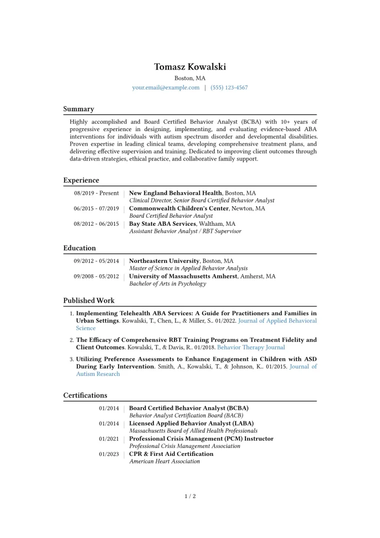 Board Certified Behavior Analyst Resume Example CV template preview