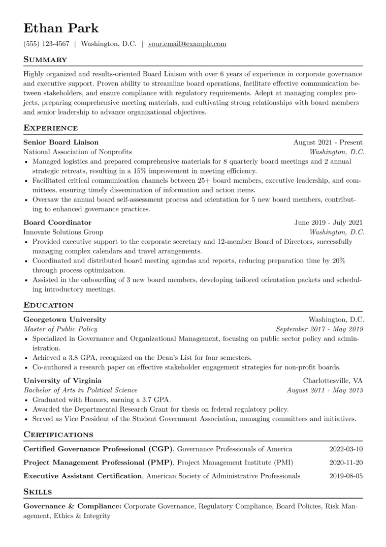 Board Liaison Resume Example CV template preview