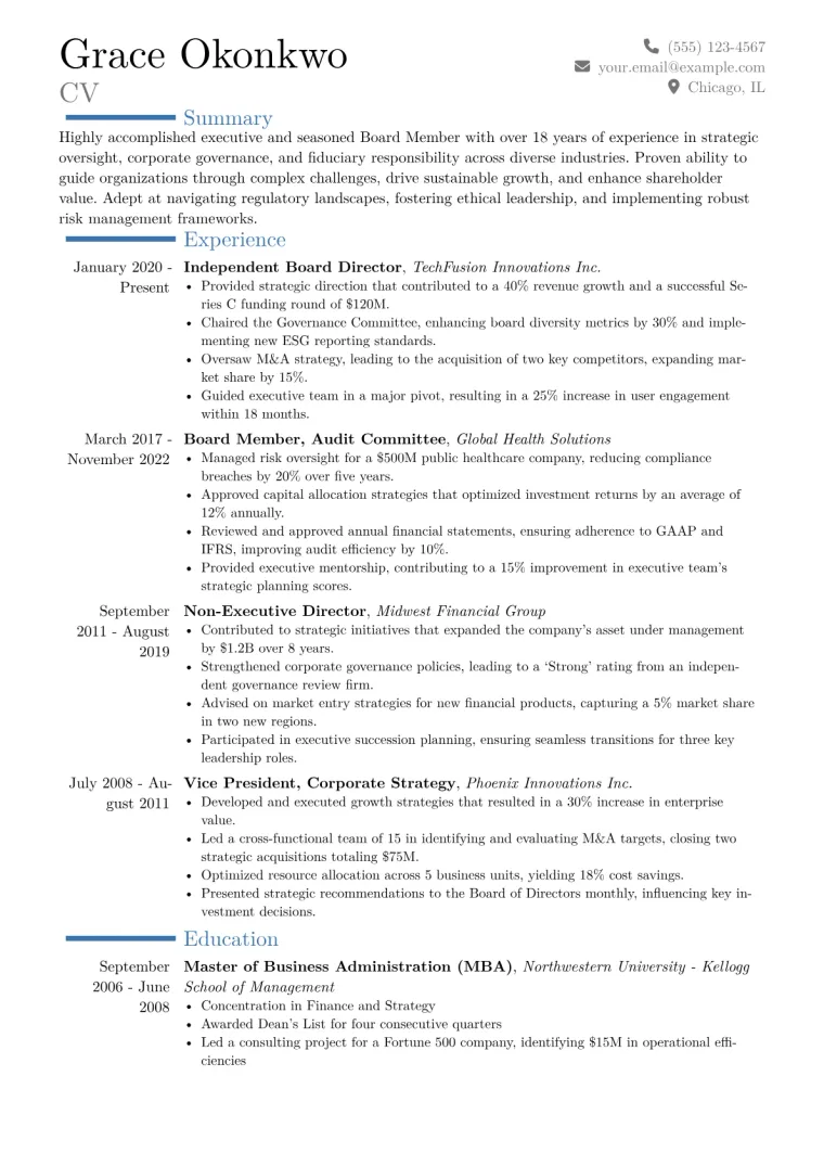 Board Member Resume Example CV template preview