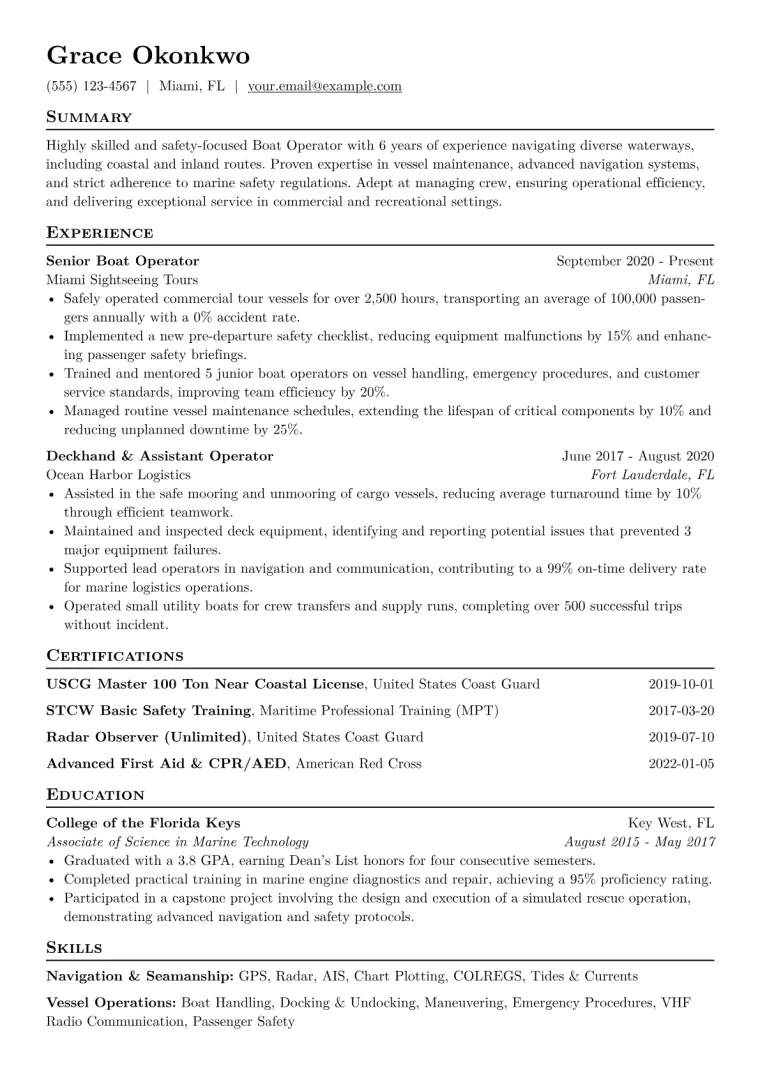 Boat Operator Resume Example CV template preview