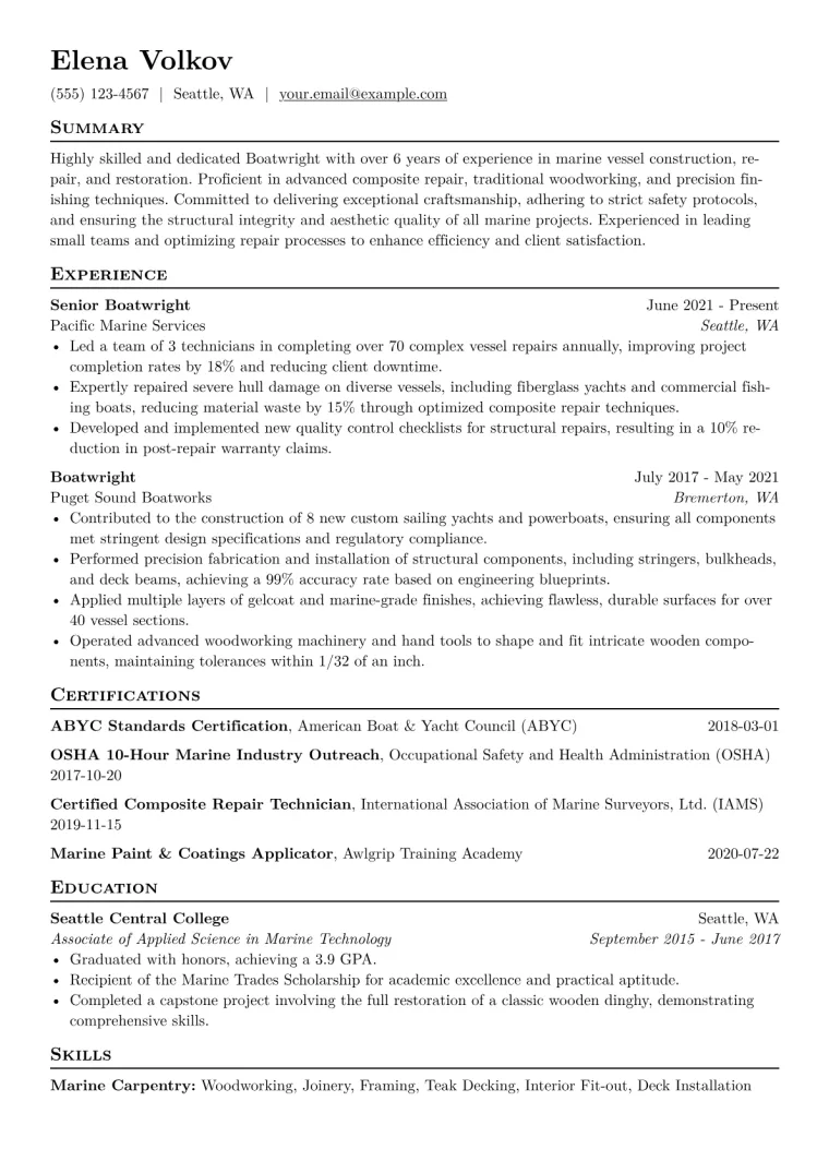 Boatwright Resume Example CV template preview