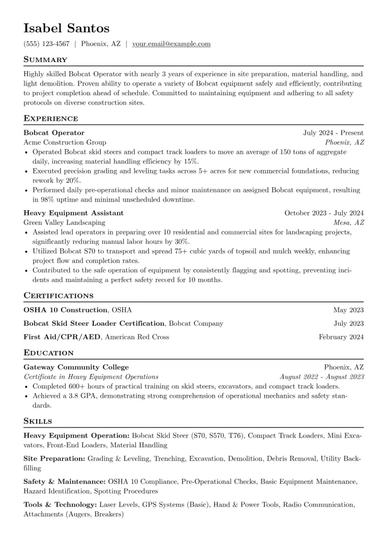 Bobcat Operator Resume Example CV template preview