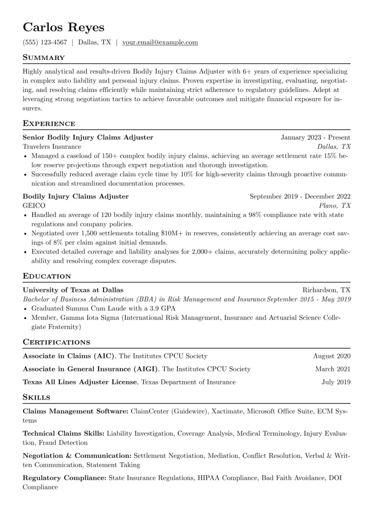 Bodily Injury Claims Adjuster Resume Example preview