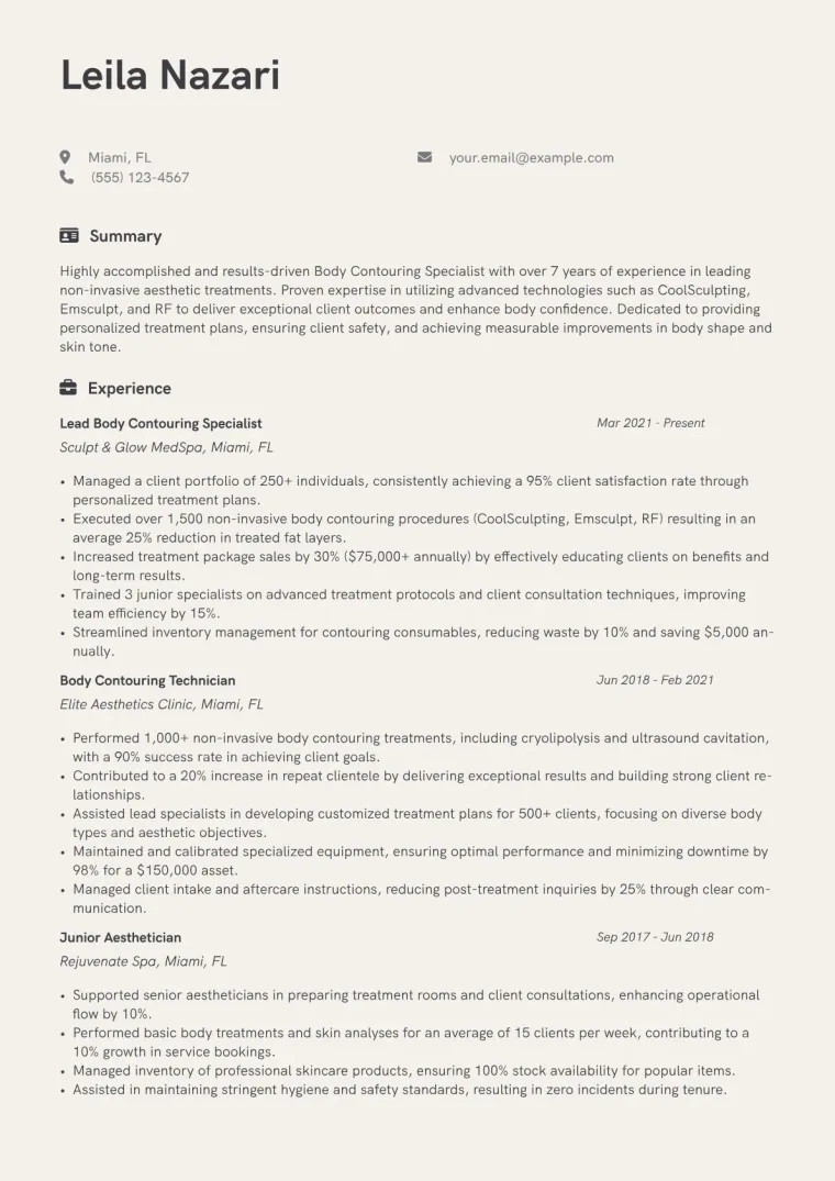 Body Contouring Specialist Resume Example CV template preview