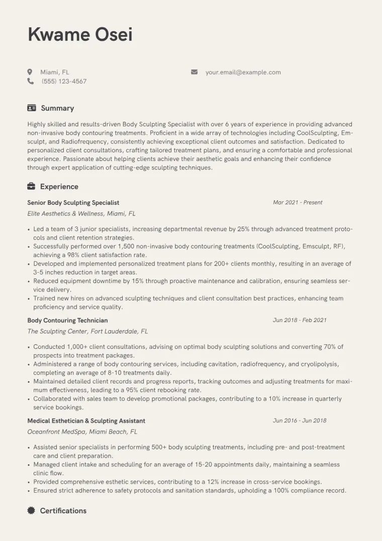 Body Sculpting Specialist Resume Example CV template preview